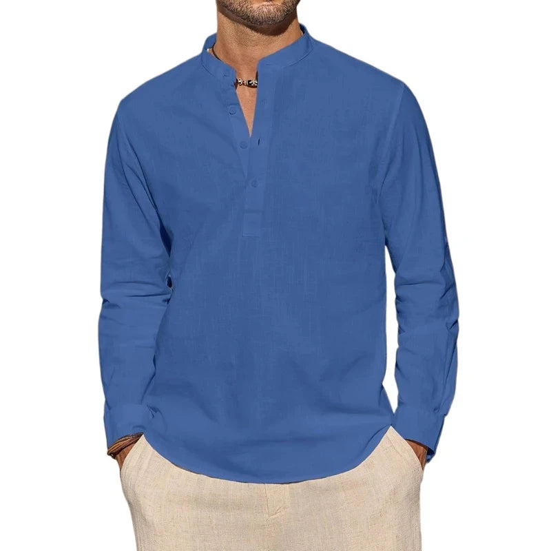 Κομψό βαμβακερό πουκάμισο με λαιμόκοψη Henley