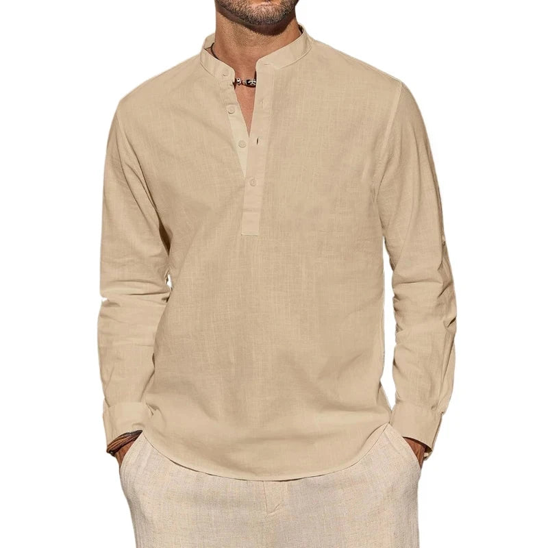 Κομψό βαμβακερό πουκάμισο με λαιμόκοψη Henley